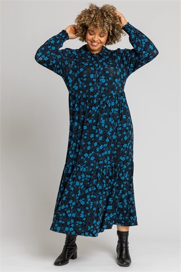 Royal Blue Curve Linear Floral Shirt Dress, Image 3 of 4