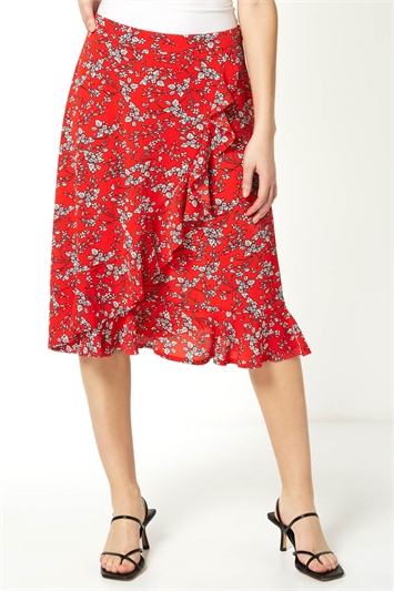 Red Ditsy Floral Ruffle Detail Skirt