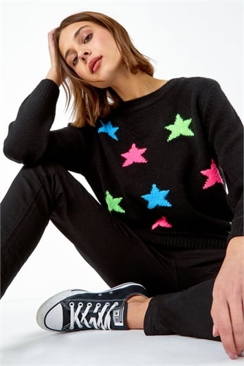Black Star Print Knitted Stretch Jumper
