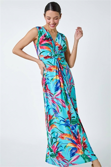Blue Tropical Twist Detail Stretch Maxi Dress