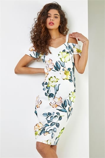 White Floral Cold Shoulder Luxe Stretch Dress