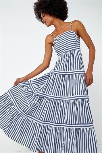 Blue Sleeveless Stripe Tiered Cotton Maxi Dress