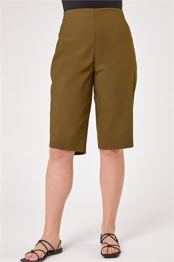 Olive Curve Knee Length Stretch Shorts, Image 1 of 4