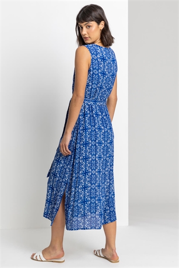 Blue Geo Print Sequin Trim Midi Dress, Image 2 of 4