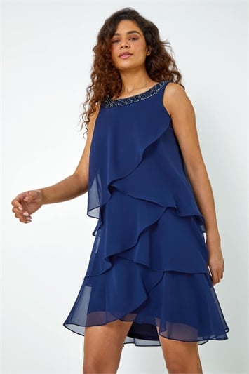 Blue Bead Embellished Tiered Chiffon Dress