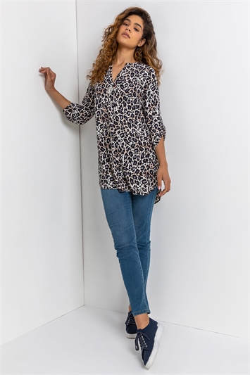 Blue Longline Button Detail Animal Print Top, Image 3 of 5