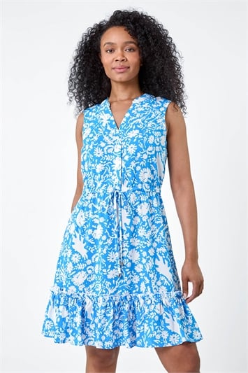 Blue Petite Ditsy Floral Frill Hem Shirt Dress