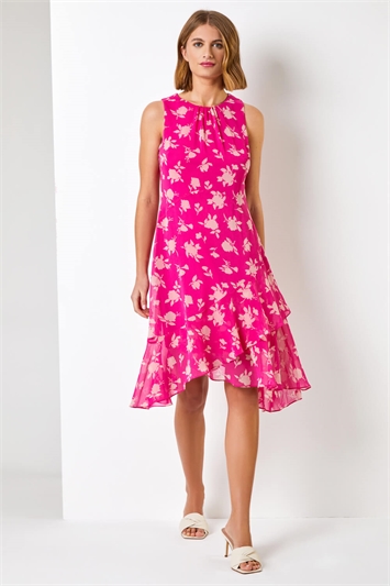 Pink Floral Print Frill Detail Dress, Image 3 of 5