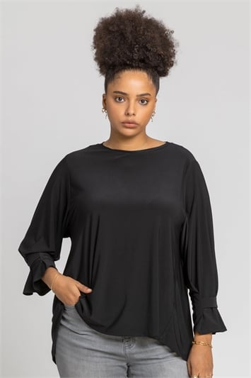 Black Curve Cuff Detail Oversized Top, Image 1 of 4
