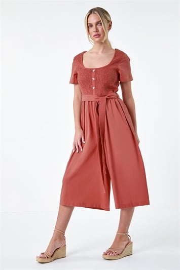 Red Petite Shirred Button Detail Culotte Jumpsuit