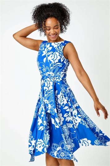 Blue Petite Tie Waist Floral Stretch Dress