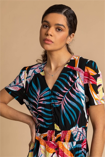 Black Tropical Palm Shirred Waist Maxi Dress, Image 4 of 5