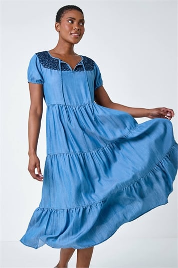 Blue Denim Lace Detail Midi Smock Dress