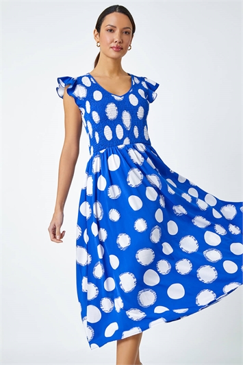 Multi Polka Dot Shirred Stretch Midi Dress