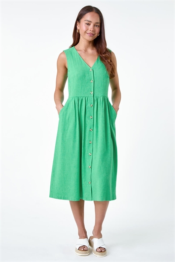 Green Petite Linen Blend Pocket Button Midi Dress