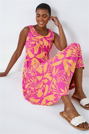 Pink Tropical Print Pleated Asymmetric Maxi Dress
