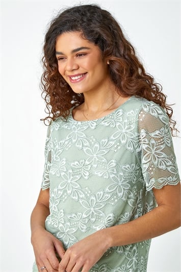 Green Floral Stretch Lace Top