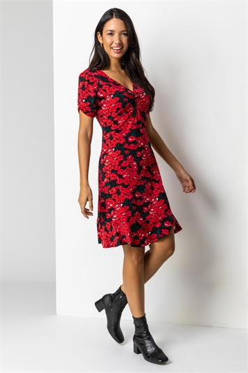 Red Floral Print Stretch Jersey Tea Dress, Image 3 of 5