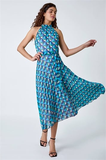 Blue Geometric Halterneck Midi Dress