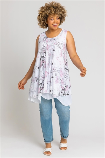 Pink Curve Floral Print Layered Tunic Top, Image 3 of 4