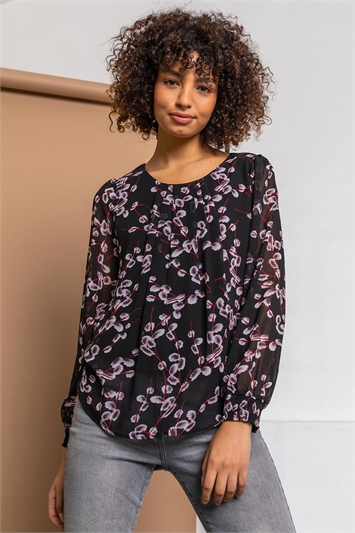 Black Floral Print Pleated Neck Top