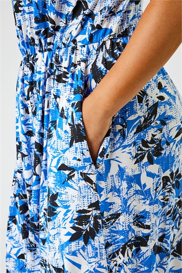 Royal Blue Curve Abstract Tropical Print Maxi Dress, Image 6 of 6