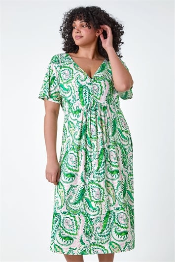 Green Curve Ruched Front Paisley Print Dress