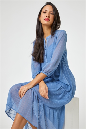 Blue Textured Spot Print Tiered Midi Dress