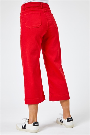 Red Denim Stretch Wide Leg Culottes, Image 3 of 5