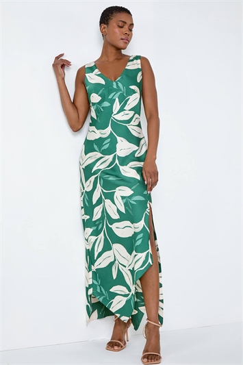 Green Leaf Print Satin Bodycon Midi Dress