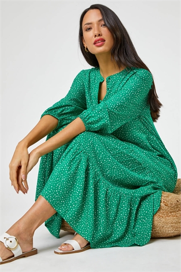 Green Spot Print Tiered Button Midi Dress, Image 5 of 5