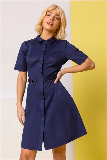 Navy Cotton Belted Shirt Dress, Image 3 of 4