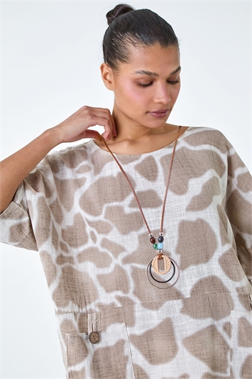 Cream Animal Print Cotton Top And Necklace