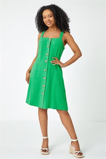 Green Petite Button Front Pocket Dress
