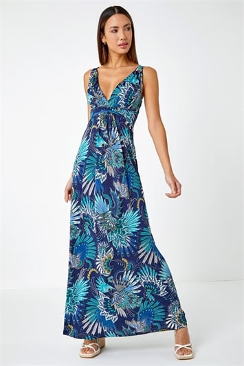 Blue Sleeveless Floral Print Maxi Dress