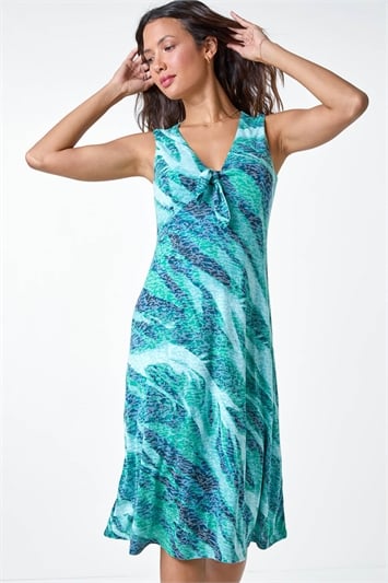 Green Burnout Abstract Knot Front Stretch Dress