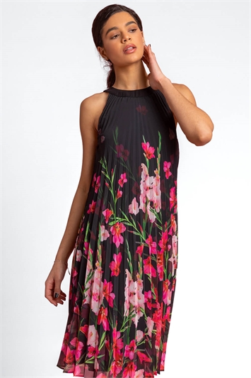 Black High Neck Floral Pleated Swing Dress