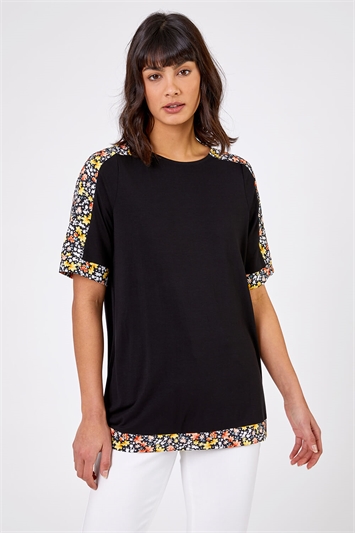 Black Floral Print Contrast Jeresey Top, Image 1 of 4
