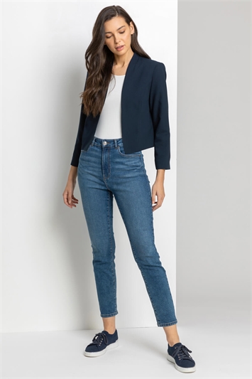 Navy Cropped High Collar Crepe Jacket, Image 3 of 4