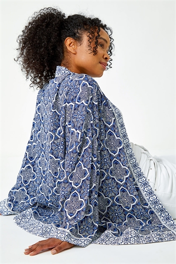 Blue Petite Border Print Embellished Kimono