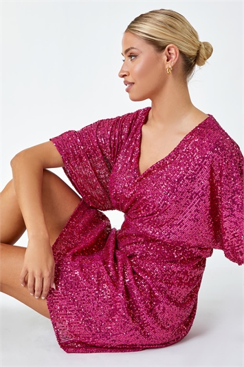 Pink Sequin Embellished Wrap Stretch Dress