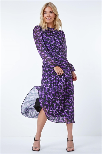 Purple Abstract Animal Shirred Midi Dress