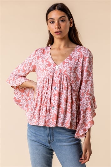 Pink Floral Print Frill Detail Blouse