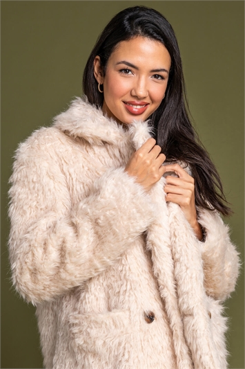 Natural Faux Fur Textured Collar Coat