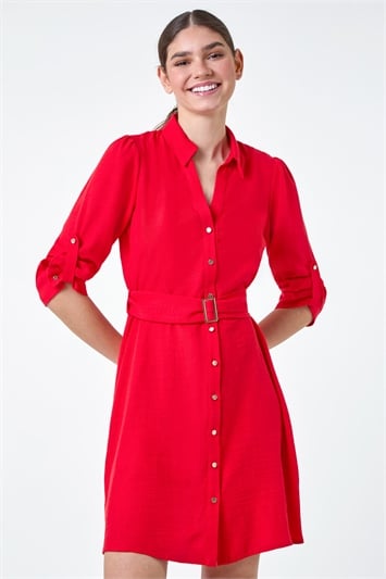 Red Short Belted Shirt Dress