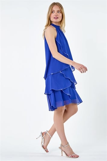Blue Sequin Trim Tiered Halterneck Dress