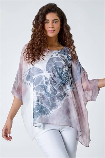 Pink Butterfly Print Overlay Top