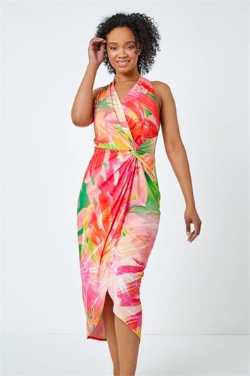 Pink Petite Tropical Wrap Ruched Maxi Dress