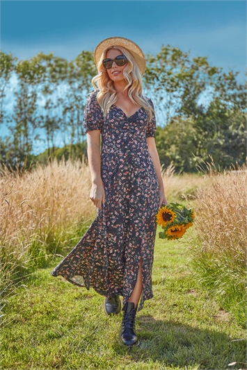 Black Ditsy Floral Ruched Maxi Dress, Image 1 of 4