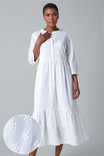 White Embroidered Tiered Cotton Midi Dress